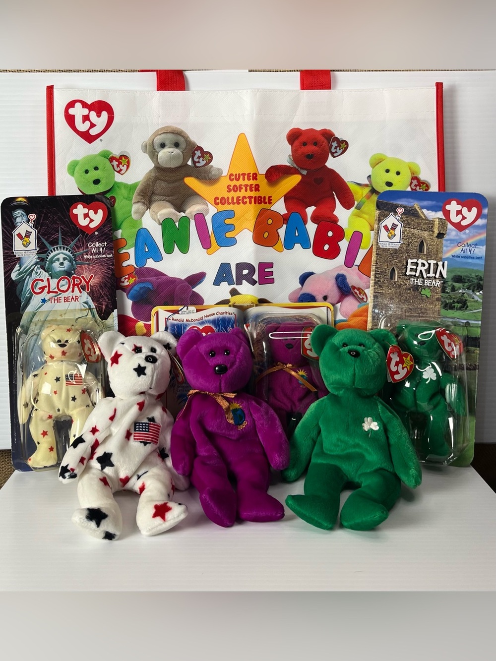 Set Of 3 Ty Beanie Babies & 3 McDonald's Teenie Beanies, Erin, Glory, & Millenni